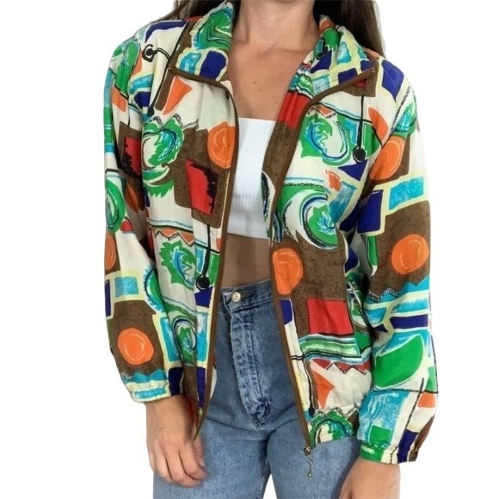 Vintage EVR 100% Silk Jacket Windsuit Bold Geometric Bright Zip Front Medium - Picture 12 of 12